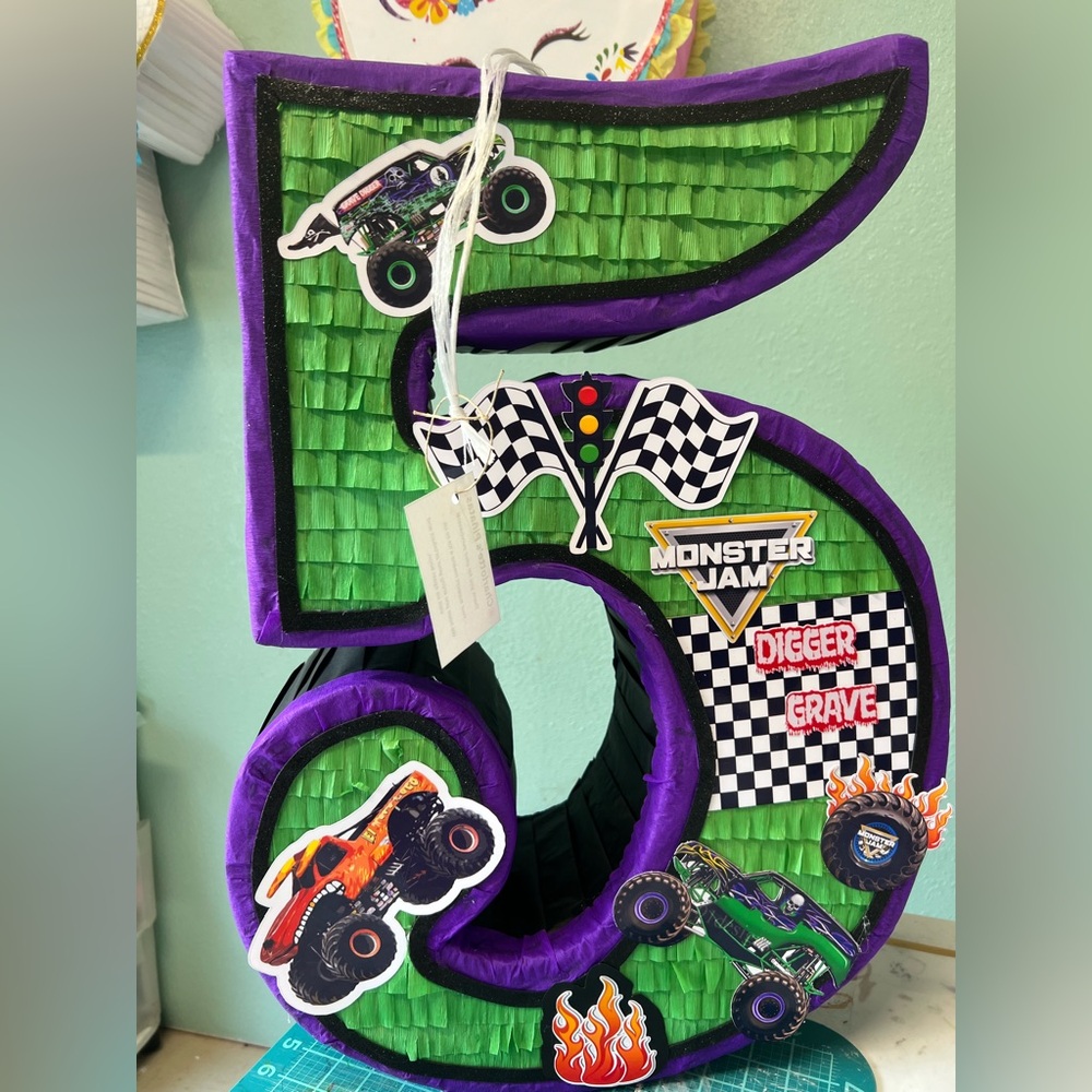 Monster Jam Green and Purple Number 5 Piñata